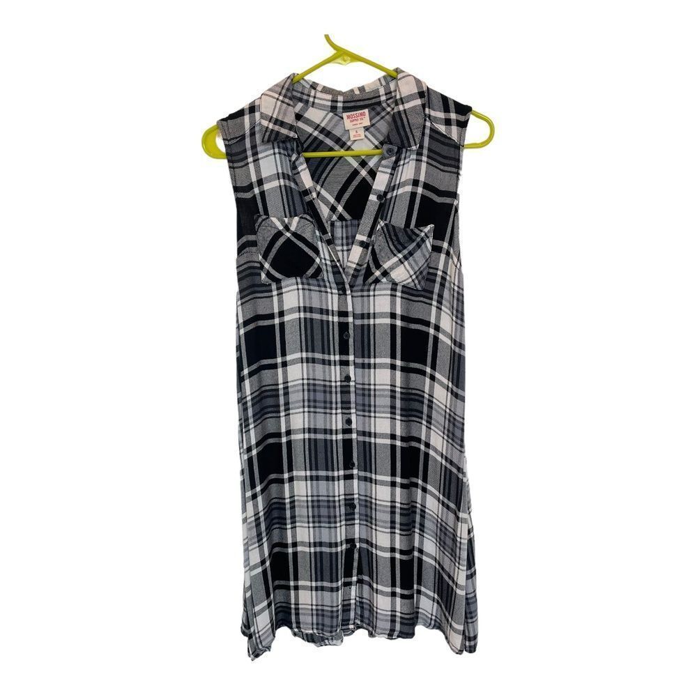 Mossimo Womens Tunic Button-Down Tank Top Sleeveless Black White Plaid S